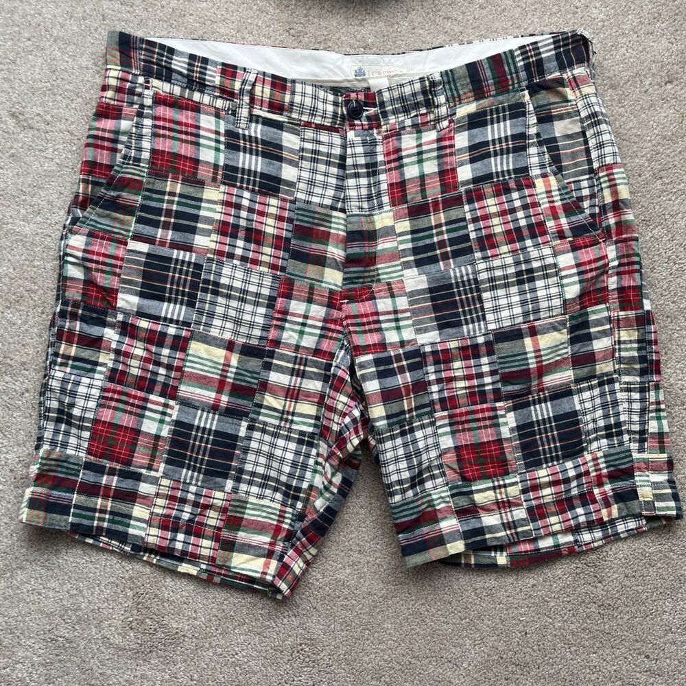 J Crew Patchwork Plaid Shorts Mens 36 (Actual 38) Red Blue Preppy Casual Chino